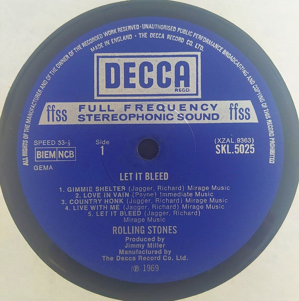 Image of Label Cover of LP - VG/G+ - ROLLING STONES, Let It Bleed (Decca Boxed Blue Labels With BIEM/NCB Left Aligned & (XZAL.9363) In Brackets; SKL 5025, UK 1970, Laminated Front Sleeve With Indicator Hole, Company Inner, Poster, Stereo), With clean poster, Light sleeve wear, Nick at lower edge, Disc has some light scuffy marks, Plays well, Some light surface noise in parts,  - 4316276C