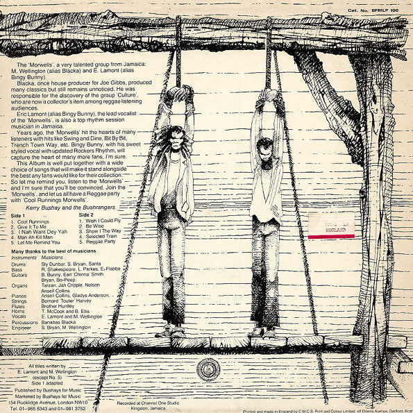 Image of Back Cover of 3214012C: LP - THE MORWELLS, Cool Runnings (Bushays; BFMLP100, UK 1979) Name written on sleeve and labels. Significant edgewear to sleeve. Lots of light marks to disc.  G+/G+