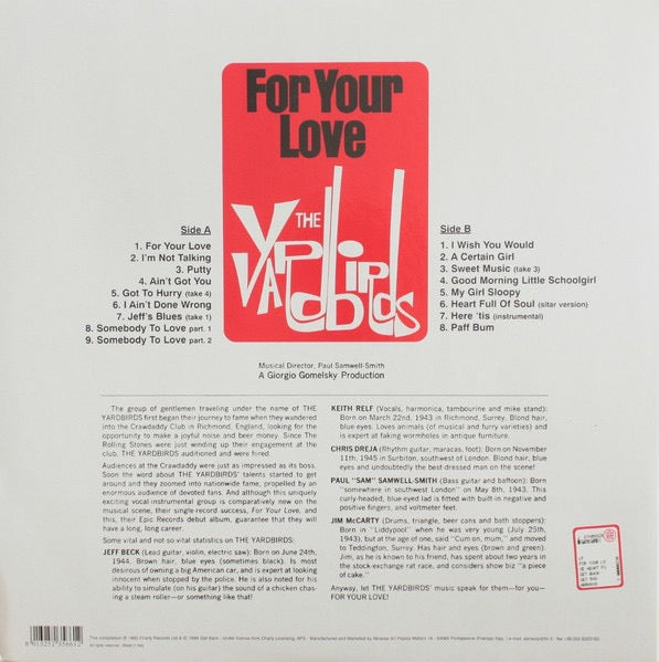Image of Back Cover of LP - VG+/VG - YARDBIRDS, For Your Love, Heart Full Of Soul (Get Back; GET566, Italy 1999 Reissue, Gatefold, 180 Gram Vinyl), ,  - 4326071E