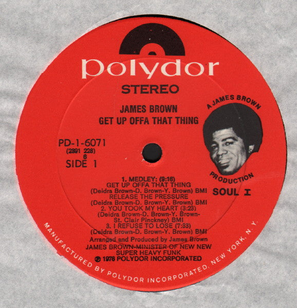 Image of Label Cover of LP - VG/VG - JAMES BROWN, Get Up Offa That Thing (Polydor Red Label; PD-1-6071, US 1976), Sleeve has crease, indentations, a little writing on front, permanent customer sticker on rear.,  - 3926175E