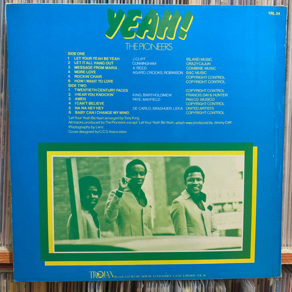 Image of Back Cover of LP - VG+/VG+ - THE PIONEERS, Yeah! (Trojan Records; TRL 24, UK 1971, Laminated Front Sleeve), Nice Import sticker on front sleeve, distribution sticker on back.,  - 2016380C