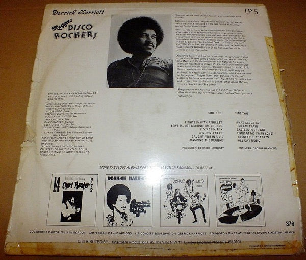 Image of Back Cover of LP - VG/VG - DERRICK HARRIOTT, Reggae Disco Rockers (Sarge; LP5, UK 1975), Slight crease top left hand corner. Sign of very light ringwear. Very few faint hairlines that don't affect play.,  - 4326390E