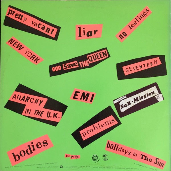 Image of Back Cover of LP - VG+/VG+ - SEX PISTOLS, Never Mind The Bollocks (Warner Bros. Records / Virgin; BSK3147, US 1977, Pink Slv With No Stickers On Front, Inner, No Submission Printed on back cover, "Also Contains Submission" Sticker), Still in opened shrinkwrap, very light wear to lower spine,  - 2446173S
