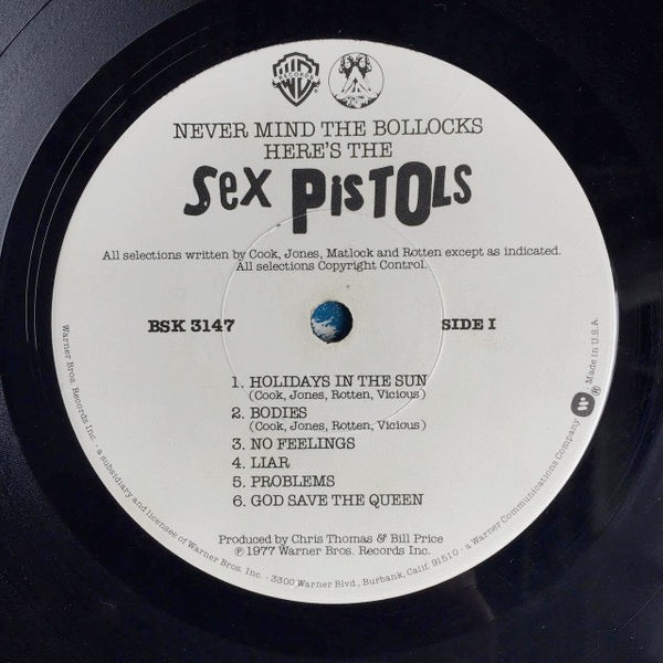 Image of Label Cover of LP - VG+/VG+ - SEX PISTOLS, Never Mind The Bollocks (Warner Bros. Records / Virgin; BSK3147, US 1977, Pink Slv With No Stickers On Front, Inner, No Submission Printed on back cover, "Also Contains Submission" Sticker), Still in opened shrinkwrap, very light wear to lower spine,  - 2446173S