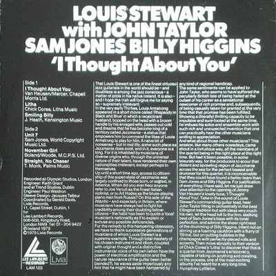 Image of Back Cover of LP - VG/VG - LOUIS STEWART WITH JOHN TAYLOR (2), SAM JONES, BILLY HIGGINS, I Thought About You (Lee Lambert; LAM 103, UK 1979), ,  - 1926036E