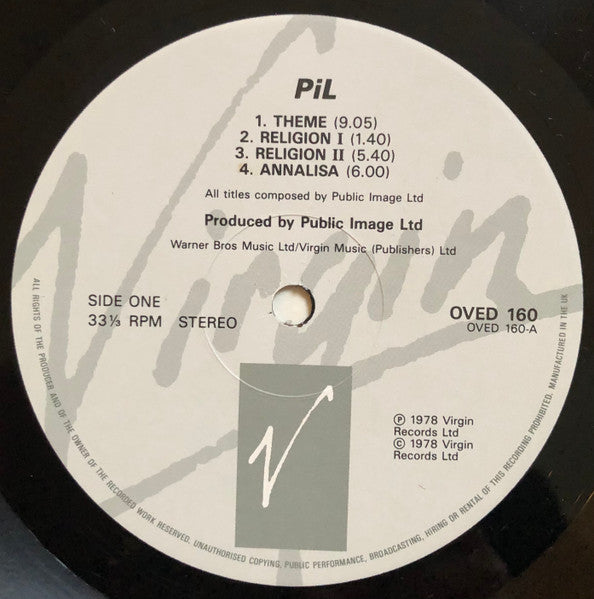 Image of Label Cover of LP - VG/VG - PUBLIC IMAGE LIMITED (PIL), First Issue (Virgin Grey Label; OVED 160, UK 1986 Reissue, Inner), Sticker damage, Light marks to disc,  - 1716369C
