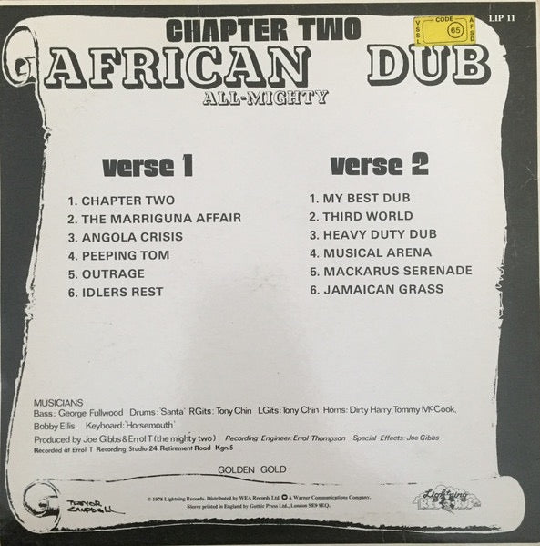 Image of Back Cover of LP - VG/VG - VARIOUS, African Dub - All Mighty Chapter 2 (Lightning; LIP11, UK 1978), Biro on sleeve and 'Zambia Airways' sticker :),  - 3616457C
