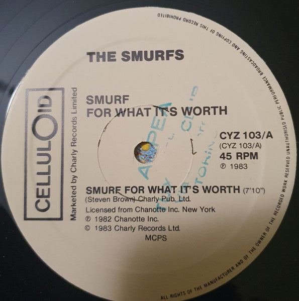 Image of Label Cover of 12" - VG+/VG+ - THE SMURFS, Smurf For What It's Worth (Celluloid; CYZ 103, Europe 1983, Picture Sleeve, Electro), Marks on A side but don't affect play. Evidence of previous price sticker,  - 1646317S