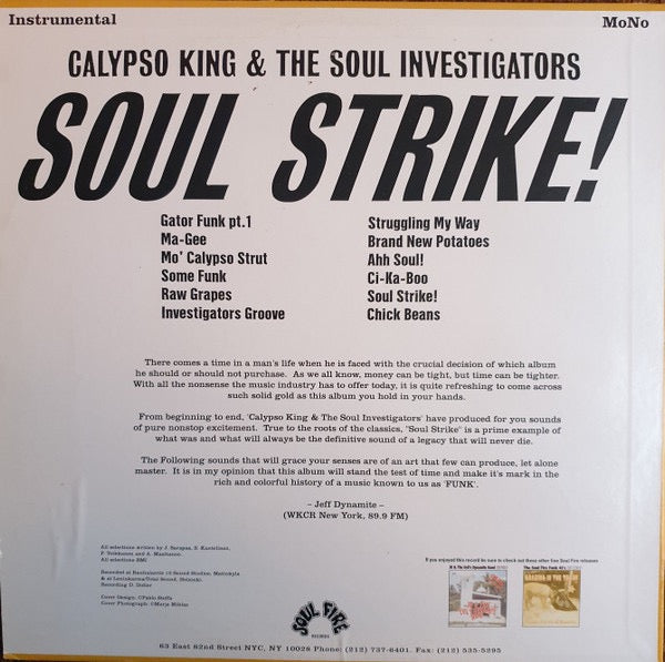 Image of Back Cover of LP - VG/G+ - CALYPSO KING & THE SOUL INVESTIGATORS, Soul Strike! (Soul Fire; SFLP-001, US 2001, Pasteback Sleeve), Lots of light hairlines to disc but plays well.,  - 2116645C