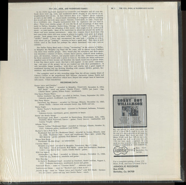 Image of Back Cover of LP - VG/VG+ - VARIOUS, Blues Classics By The Jug, Jook And Washboard Bands (Blues Classics; BC-2, US Reissue, Arhoolie Sleeve), ,  - 3516252C