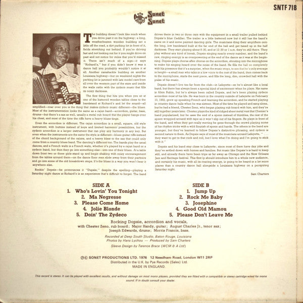 Image of Back Cover of LP - VG/VG+ - ROCKIN' DOPSIE & THE TWISTERS, Doin' The Zydeco (Sonet; SNTF 718, UK 1976, Laminated Sleeve), Some wear and splits at corners and edges of sleeve; laminate lift. Some mottling on reverse,  - 2516375C