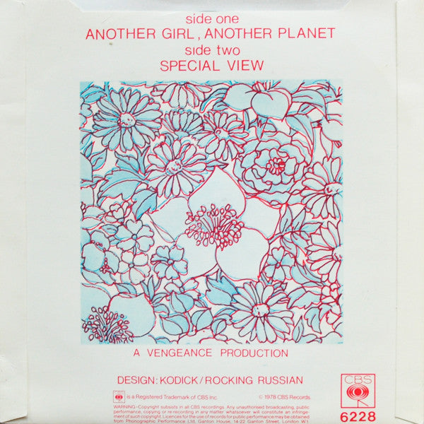 Image of Back Cover of 7" - VG+/VG+ - THE ONLY ONES, Another Girl, Another Planet (CBS; 6228, UK 1978, Demo, Picture Sleeve), Strong VG+ Throughout,  - 1726310E