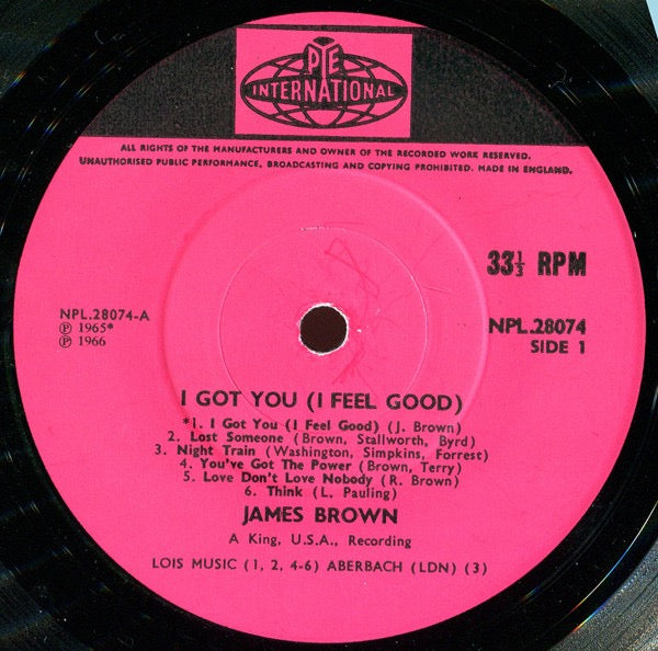 Image of Label Cover of LP - G+/G - JAMES BROWN, I Got You (I Feel Good) (Pye Pink; NPL 28074, UK 1966, Laminated Flipback Sleeve), Lots of marks to disc - plays with some surface noise. A few small tears to sleeve seams.,  - 2915519C