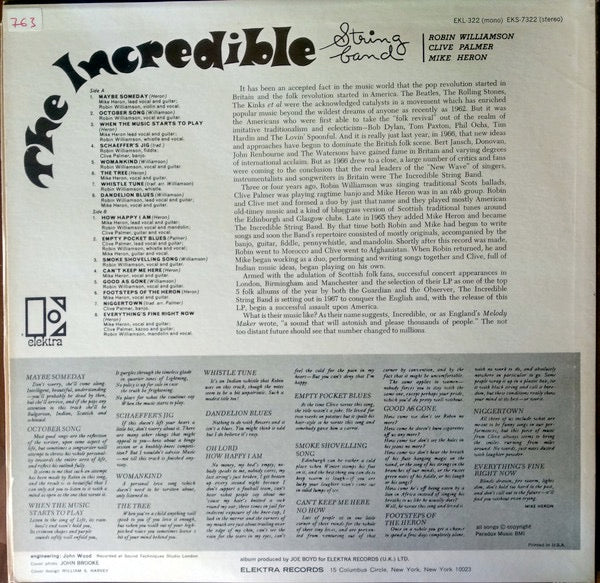 Image of Back Cover of LP - VG/G+ - THE INCREDIBLE STRING BAND, The Incredible String Band (Elektra Butterfly; EKS7322, US 1970s, Stereo), ,  - 3826082E