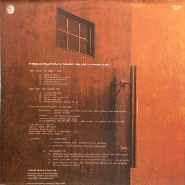 Image of Back Cover of LP - VG+/VG+ - PRINCIPAL EDWARDS MAGIC THEATRE, The Asmoto Running Band (Dandelion Records ; DAN 8002, UK 1971, Gatefold, No Insert), Edge Wear,  - 0626136E