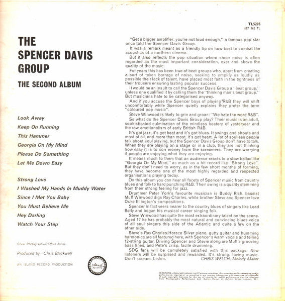 Image of Back Cover of LP - VG/G - THE SPENCER DAVIS GROUP, The Second Album (Fontana; TL5295, UK 1965, Laminated Front Sleeve, Mono), Lots of long light marks, Decent sleeve,  - 3916192C