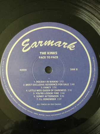 Image of Label of 3524518E: LP - THE KINKS, Face to Face (Earmark; 42004, UK 1998 Reissue, Gatefold, 180 Gram Vinyl) Shop sticker on inner sleeve. A few light marks on the vinyl  VG/VG