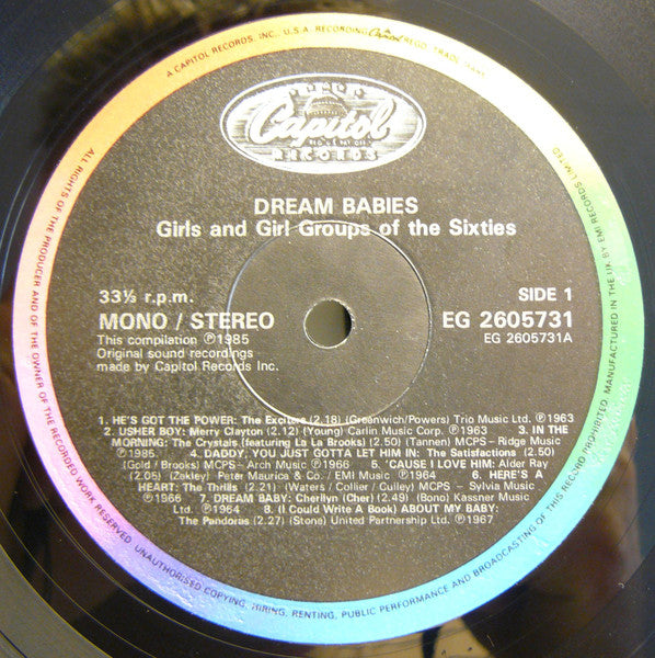 Image of Label Cover of LP - VG+/EX - VARIOUS, Dream Babies (Girls And Girl Groups Of The Sixties) (Capitol Records; EG 26 0573 1, UK 1985, No Company Inner, Mono), ,  - 3026129E