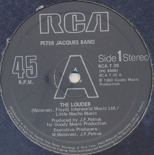 Image of Front Cover of 12" - VG/VG - PETER JACQUES BAND, The Louder / Mighty Fine (RCA; RCA T 20, UK 1980, Company Sleeve), one light scuff otherwise close to VG+. original stickered company sleeve - one or two light creases,  - 4246048S