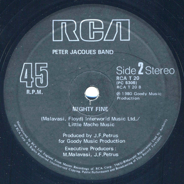 Image of Back Cover of 12" - VG/VG - PETER JACQUES BAND, The Louder / Mighty Fine (RCA; RCA T 20, UK 1980, Company Sleeve), one light scuff otherwise close to VG+. original stickered company sleeve - one or two light creases,  - 4246048S