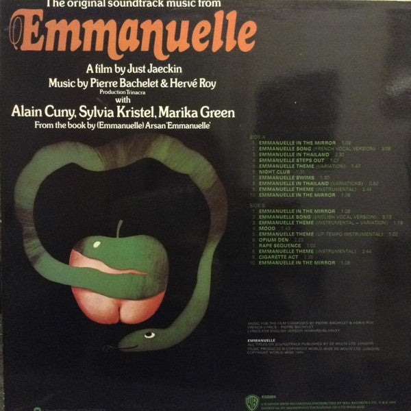 Image of Back Cover of 3614321C: LP - PIERRE BACHELET & HERV  ROY, Emmanuelle - The Original Sound Track (Warner Bros. Records; K 56084, UK 1974, Laminated "Feather Boa" Sleeve) Light storage marks, strong VG.  VG/VG