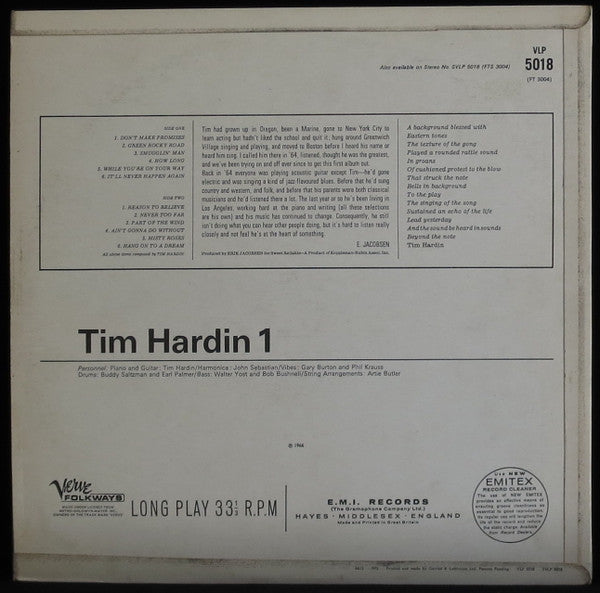 Image of Back Cover of LP - VG/G+ - TIM HARDIN, 1 (Verve Folkways Gold; VLP5018, UK 1966, Flipback Sleeve, Mono), Writing and tippex on rear sleeve, laminate bubbing and creasing. ,  - 2726361E