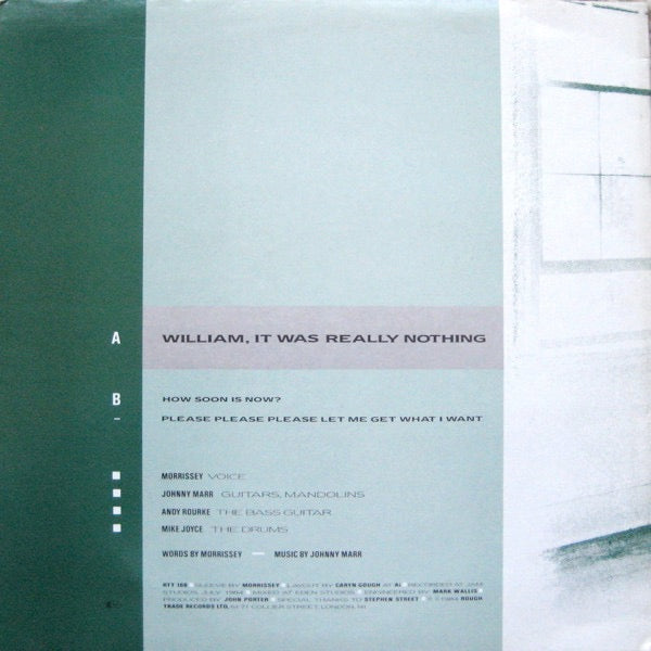 Image of Back Cover of 12" - VG/VG+ - THE SMITHS, William, It Was Really Nothing / How Soon Is Now? / Please Please (Rough Trade; RTT 166, UK 1984, Green Picture Sleeve, CBS Pressing), Light wear on opening edge,  - 3446262S