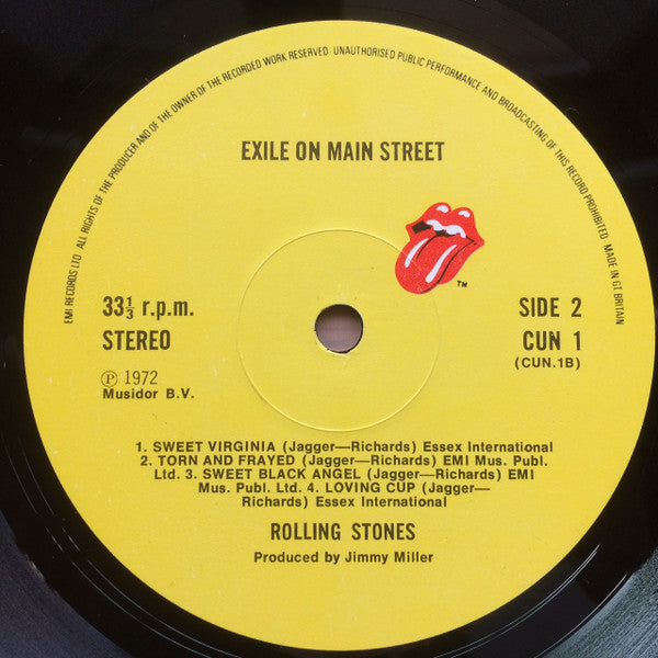 Image of Label Cover of 5114286C: 2xLP - THE ROLLING STONES, Exile On Main St. (Rolling Stones Records; CUN 1, UK 1979 Reissue, Inside Loading Gatefold Sleeve, 2 Inners, "Musidor B.V." Label Left) Damage to right hand side spine of sleeve.  VG/VG+