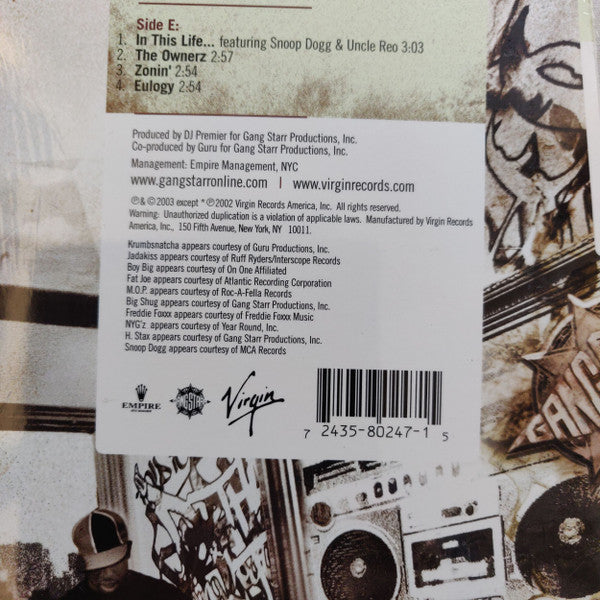 Image of Back Cover of 3xLP - VG+/VG - GANG STARR, The Ownerz (Virgin; 7243 5 80247 1 5, US 2003, Insert), Marks on vinyl not affecting play. Sleeve in shrinkwrap (opened).,  - 3726325E