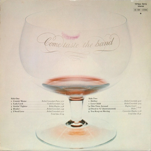 Image of Back Cover of LP - VG/G+ - DEEP PURPLE, Come Taste the Band (Purple; TPSA7515, UK 1975, Laminated Gatefold Sleeve, Inner), Crease from top to bottom on front of sleeve and sellotape on inner.  Hairlines, pops through "Love Child",  - 2326263E