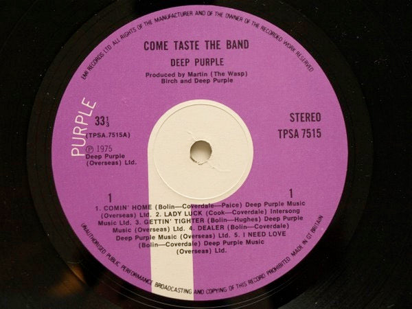 Image of Label Cover of LP - VG+/VG - DEEP PURPLE, Come Taste the Band (Purple; TPSA7515, UK 1975, Laminated Gatefold Sleeve, Inner), Nice sleeve, Strong VG Disc, Lightest of marks, Good gloss.,  - 0716139C