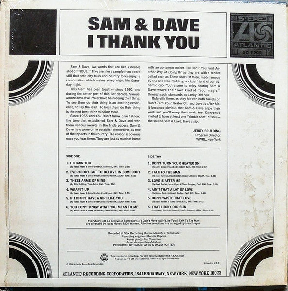 Image of Back Cover of LP - VG+/VG - SAM & DAVE, I Thank You (Atlantic Orange & Green; SD 8205, US 1968, Stereo), ,  - 3326074E