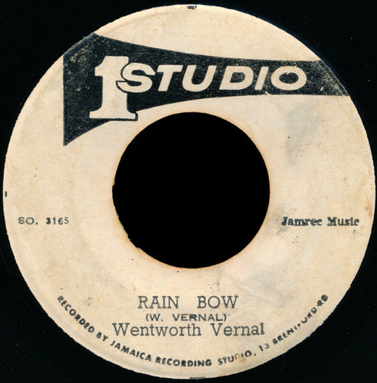 Image of Front Cover of 7" - /G - WENTWORTH VERNAL, Rain Bow (Studio One ; SO.3165, Jamaica 1970s, Plain Sleeve), Marked, some deeper than others. Lots of writing on labels. Edges of record rough, with some minor chips. Small burn / flaw on run-in on side two (doesn't affect play) ,  - 3616223C