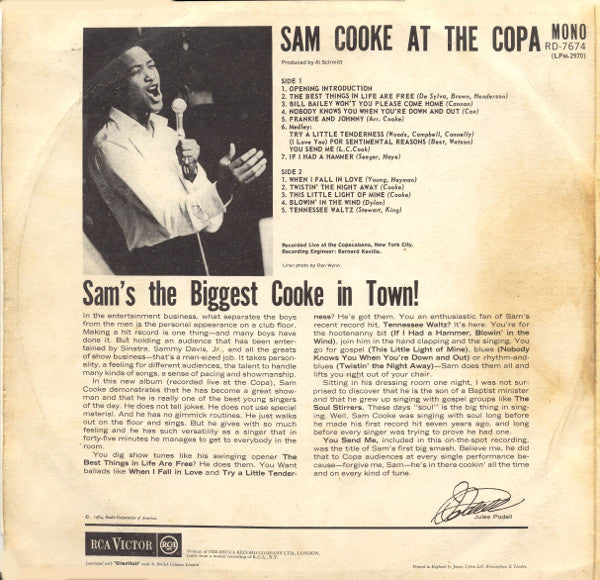 Image of Back Cover of LP - G+/G+ - SAM COOKE, At the Copa (RCA Victor Red Spot; RD-7674, UK 1965, Laminated Front Sleeve, Mono), Top seam taped together, tears, marks, and writing. Plays through with varying surface noise.,  - 4146203S