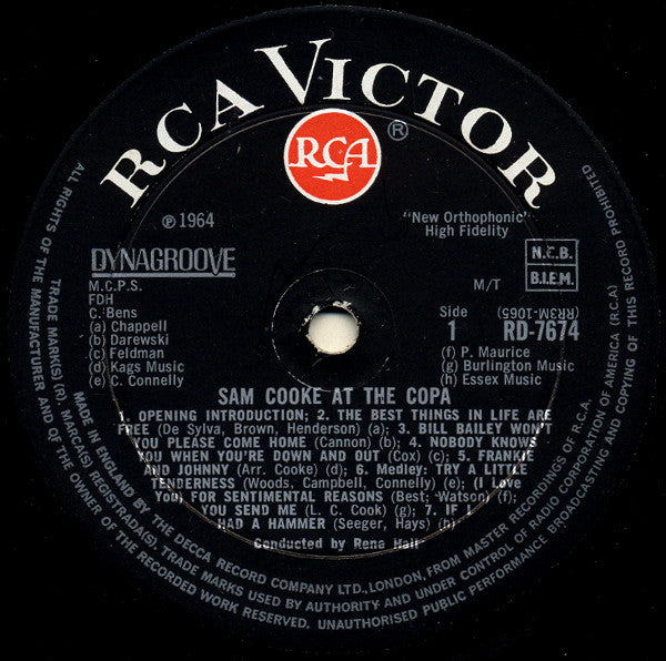 Image of Label Cover of LP - G+/G+ - SAM COOKE, At the Copa (RCA Victor Red Spot; RD-7674, UK 1965, Laminated Front Sleeve, Mono), Top seam taped together, tears, marks, and writing. Plays through with varying surface noise.,  - 4146203S