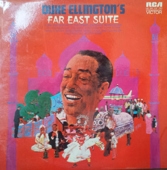 Image of Front Cover of 3914575C: LP - DUKE ELLINGTON, The Far East Suite (RCA Victor; LSA 3063, UK 1972 Reissue, Laminated Front Sleeve) Sleeve taped at top edge and creased. Staining, writing and sticker ghost on rear sleeve. Spine creased and worn, corners and edges too  G+/G+