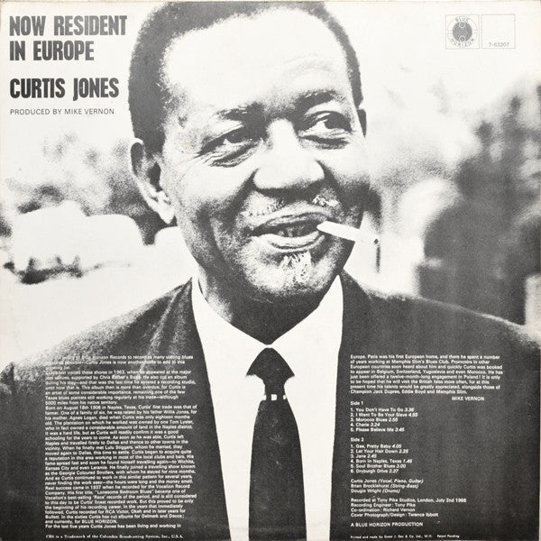 Image of Back Cover of 5124141E: LP - CURTIS JONES, Now Resident In Europe (Blue Horizon; 7-63207, UK 1968, Mono) Edge Wear  VG/EX