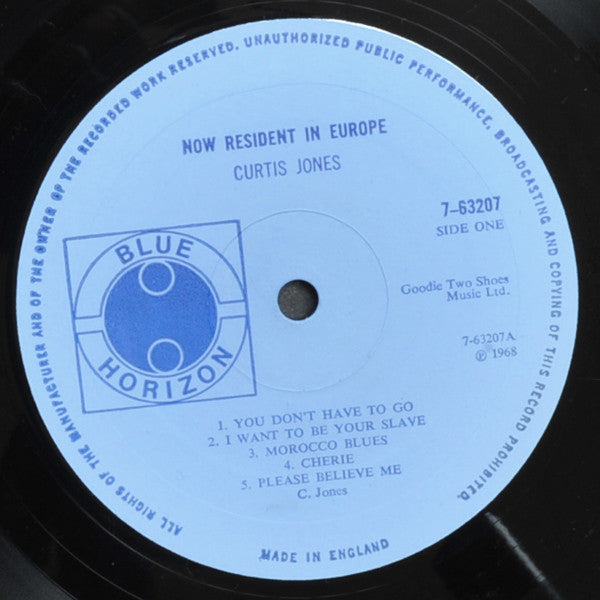 Image of Label Cover of 5124141E: LP - CURTIS JONES, Now Resident In Europe (Blue Horizon; 7-63207, UK 1968, Mono) Edge Wear  VG/EX