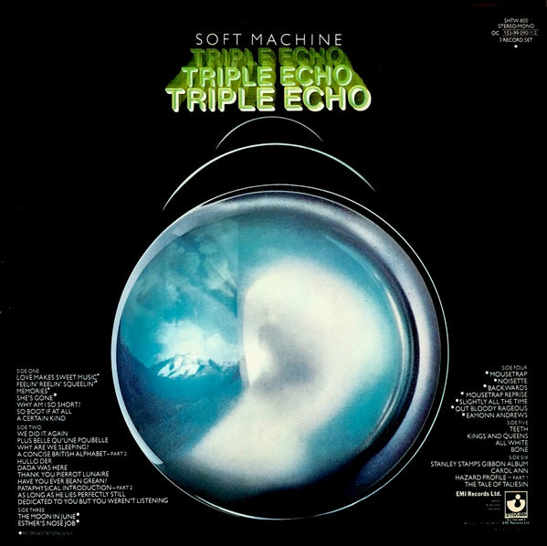 Image of Back Cover of 2214063C: 3xLP - SOFT MACHINE, Triple Echo (Harvest; SHTW 800, UK 1977, Inners & Booklet) Very clean vinyl, sleeve has tape-repaired spine, in good shape otherwise  VG+/VG