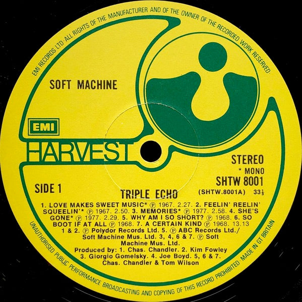 Image of Label Cover of 2214063C: 3xLP - SOFT MACHINE, Triple Echo (Harvest; SHTW 800, UK 1977, Inners & Booklet) Very clean vinyl, sleeve has tape-repaired spine, in good shape otherwise  VG+/VG