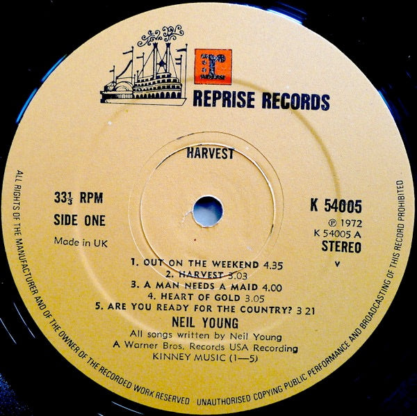 Image of Label Cover of LP - VG/VG+ - NEIL YOUNG, Harvest (Reprise Tan Riverboat, No WB Logo; K54005, UK 1972, Textured Gatefold, v Below Stereo on Labels, Made in UK Below Side Indicator), Factory Flaw In The Pressing On Track 1 Side 2, Doesn't Affect Play.,  - 3546135S