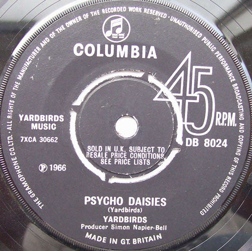 Image of Back Cover of 7" - VG+/G - YARDBIRDS, Happenings Ten Years Time Ago / Psycho Daisies (Columbia; DB8024, UK 1966, Company Sleeve, Push Out Centre), ,  - 4126112E