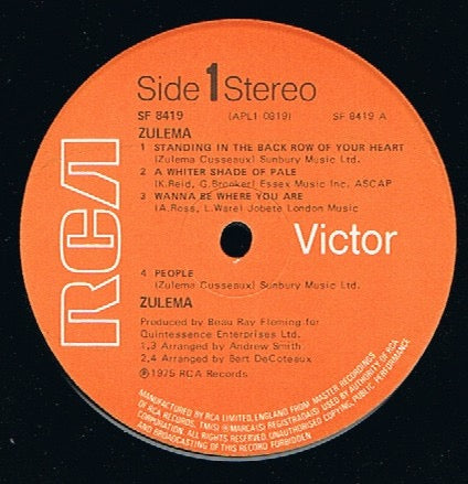 Image of Label Cover of LP - VG/VG - ZULEMA, Zulema (RCA Victor (Orange label); SF 8419, UK 1975), Some faded marker pen on sleeve.,  - 3616446C
