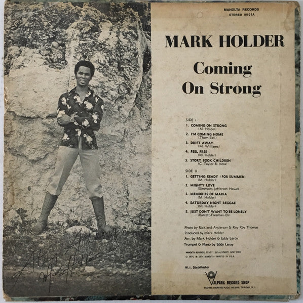 Image of Back Cover of LP - VG+/VG - MARK HOLDER, Coming On Strong (Maholta Records; 0001, Trinidad 1974), A couple of bumped corners and a handful of light hairlines only.,  - 2926006E
