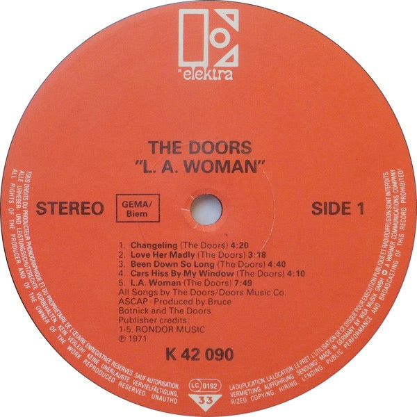 Image of Label Cover of LP - VG/VG - THE DOORS, L.A. Woman (Elektra Red; K 42 090, Europe 1984 Reissue, No Barcode.), ,  - 4226030E
