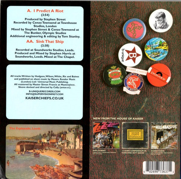 Image of Back Cover of 7" - VG+/VG+ - KAISER CHIEFS, I Predict A Riot / Sink That Ship (B-Unique; BUN096-7, UK 2005, Hype Stickered Gatefold Sleeve), ,  - 4216245C