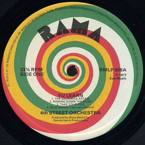 Image of Front Cover of LP - /G+ - 4TH STREET ORCHESTRA ( DENNIS BOVELL ), Yuh Learn! (Rama; RMLP 006, UK 1977, No Picture Sleeve), Lots of marks and scuffs, plays above grade. Plain sleeve, SWOL., Tracklist :A1 	The Grunwick Affair 	A2 	Rolling Down The River A3 	Take Your Pick A4 	Blue Moon B1 	Front Line B2 	Don't Boost Dem Up 	B3 	Forever Missing You B4 	New Kent Road - 2916306C