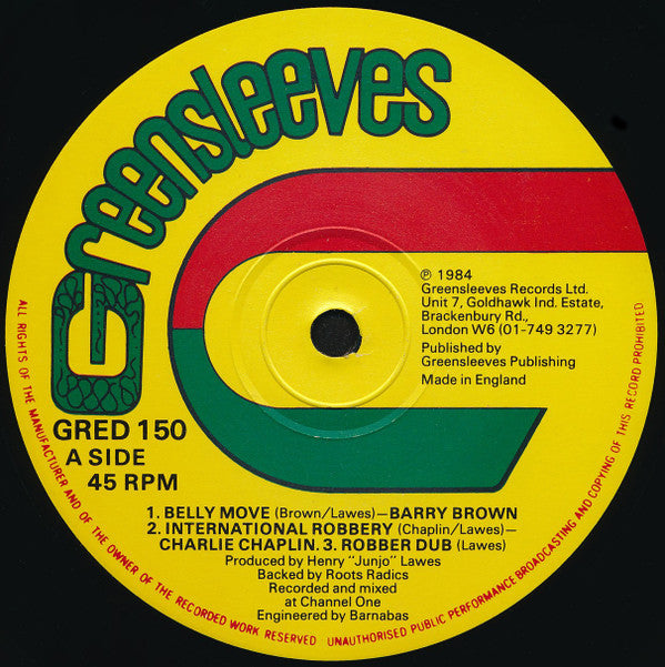 Image of Front Cover of 12" - /VG+ - BARRY BROWN / CHARLIE CHAPLIN, Belly Move / International Robbery / Why The World Stay So (Greensleeves; Gred150, UK 1984), ,  - 3746071S