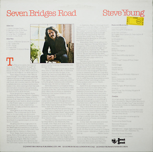 Image of Back Cover of LP - VG/VG+ - STEVE YOUNG, Seven Bridges Road (Sonet; SNTF 705, UK 1981), Light ring and edge wear, creasing and laminate damage, small sticker damage.,  - 3846352S