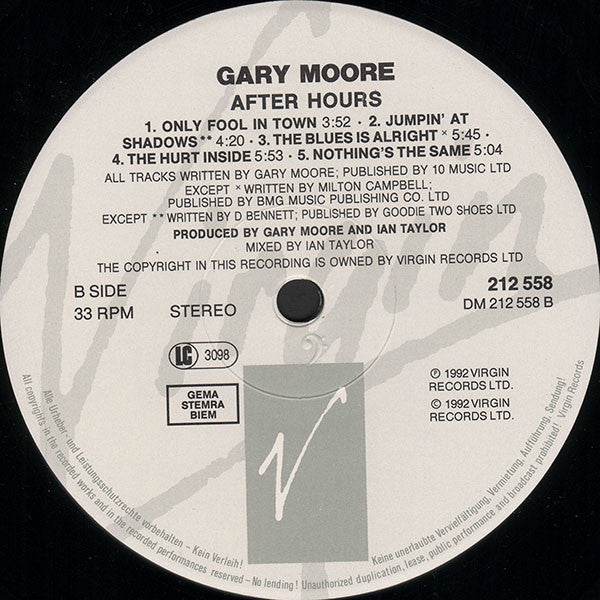 Image of Label Cover of LP - VG/VG+ - GARY MOORE, After Hours (Virgin; V2684, UK 1992, Inner), Spine Faded,  - 3626279E